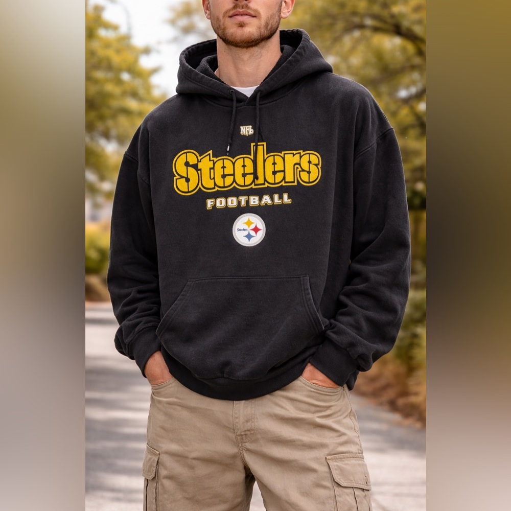 Vintage Pittsburgh Steelers NFL Black Hoodie Sweatshirt Men’s L